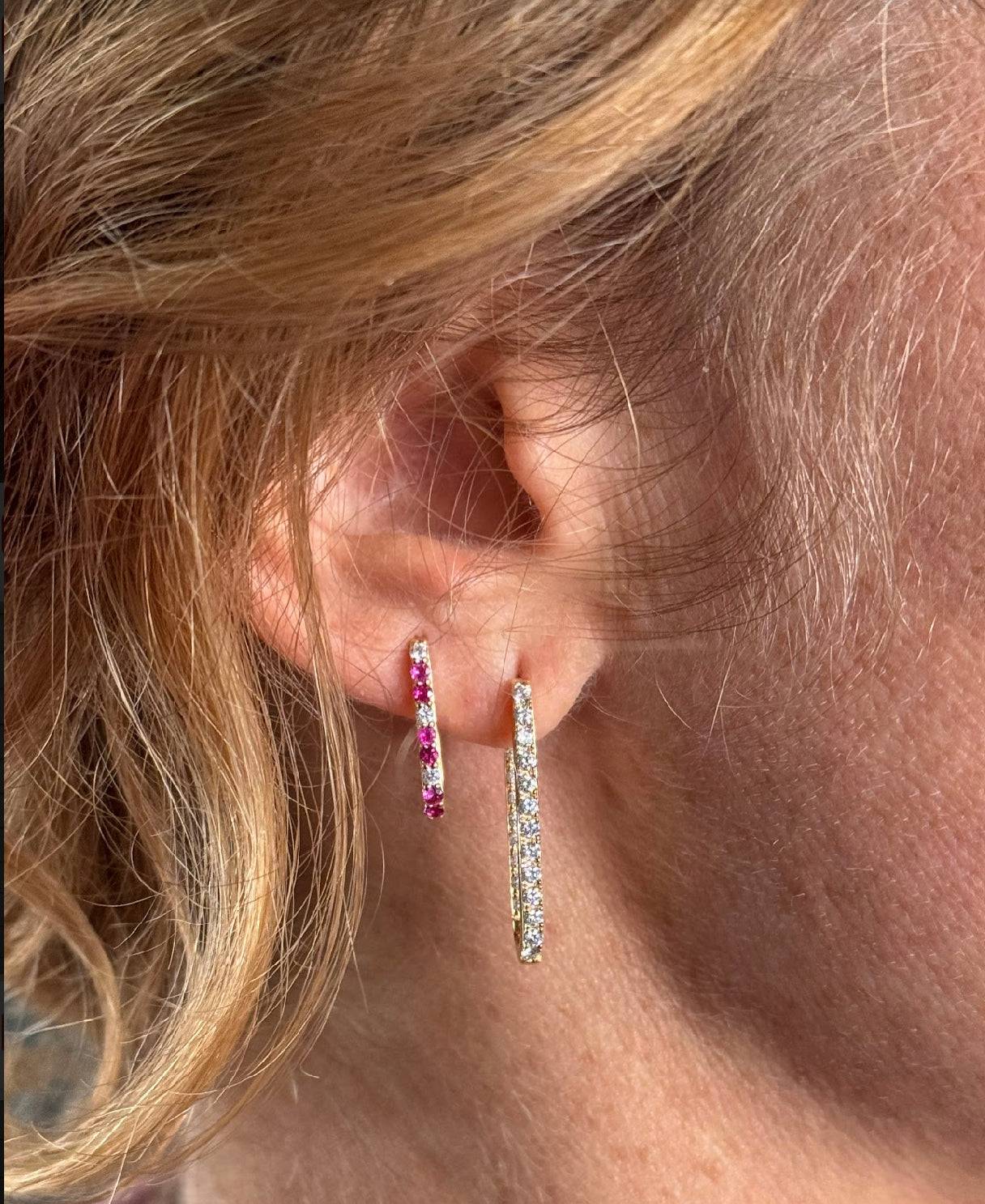 Diamond/Pink Sapphire/Ruby Small Paperclip Hoop Earrings - Lee Jones Collection