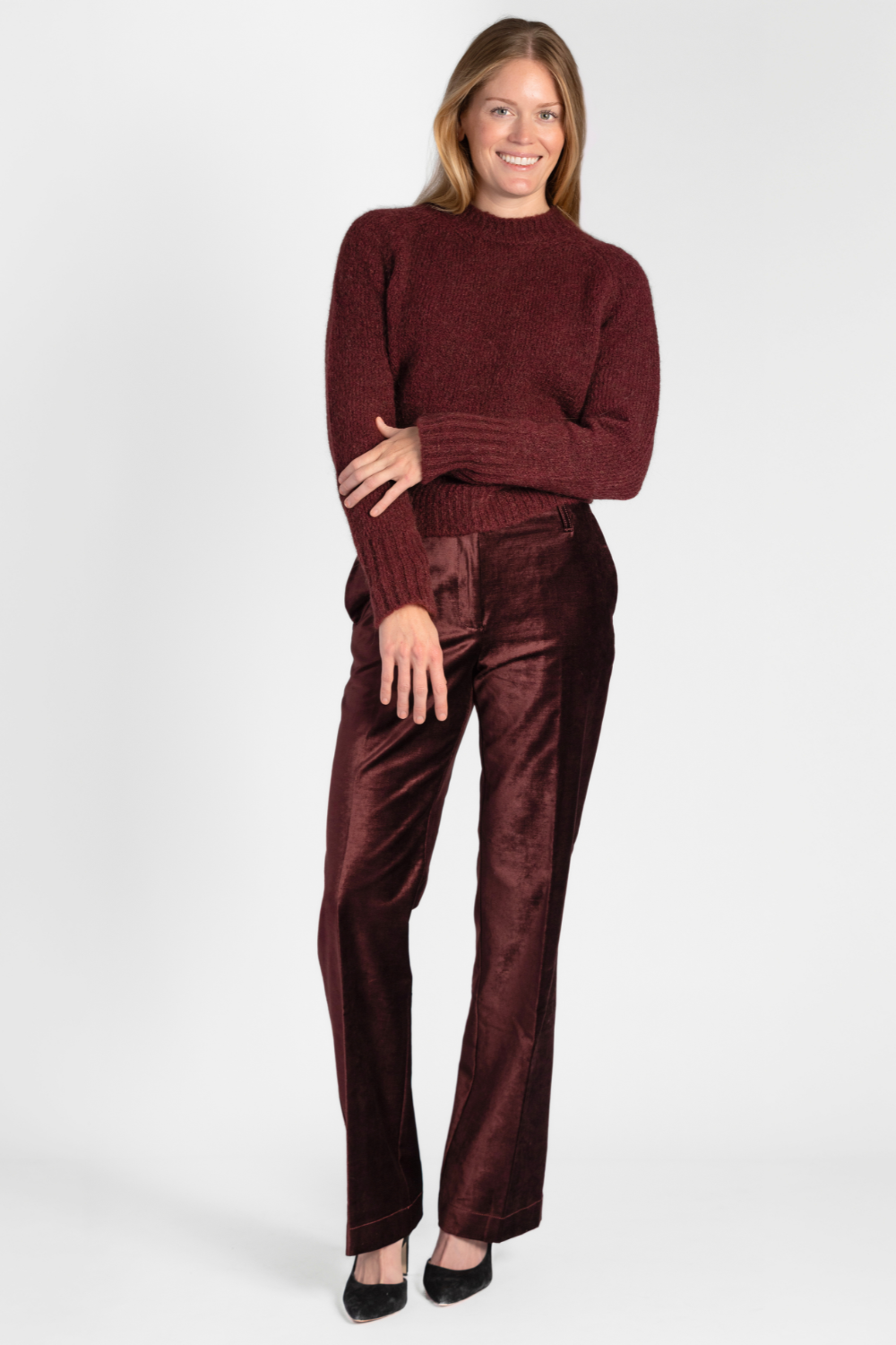 Burgundy Velvet Trousers + Brushed Mohair Sweater