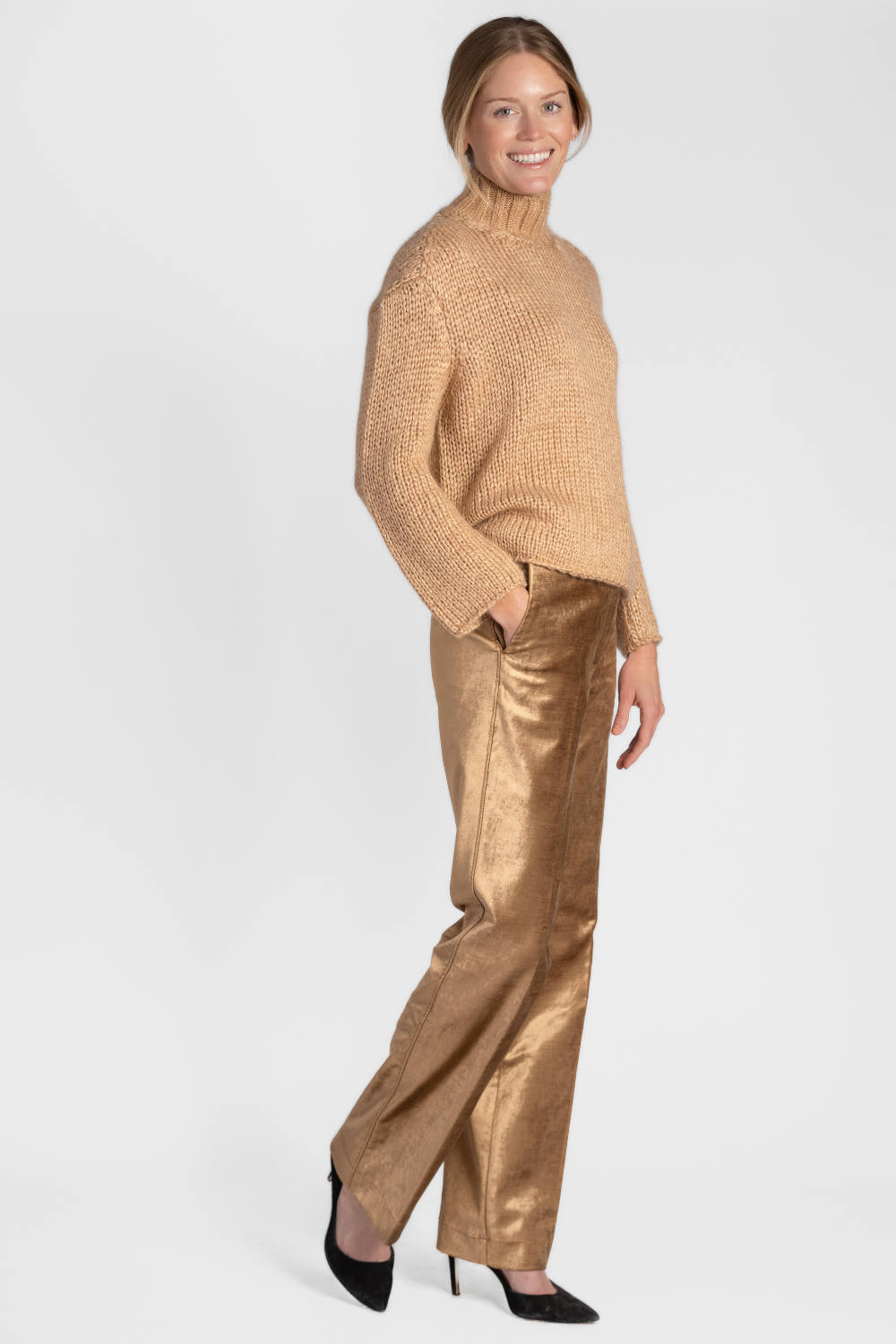 Gold Velvet Trousers + Silk Cashmere Sweater