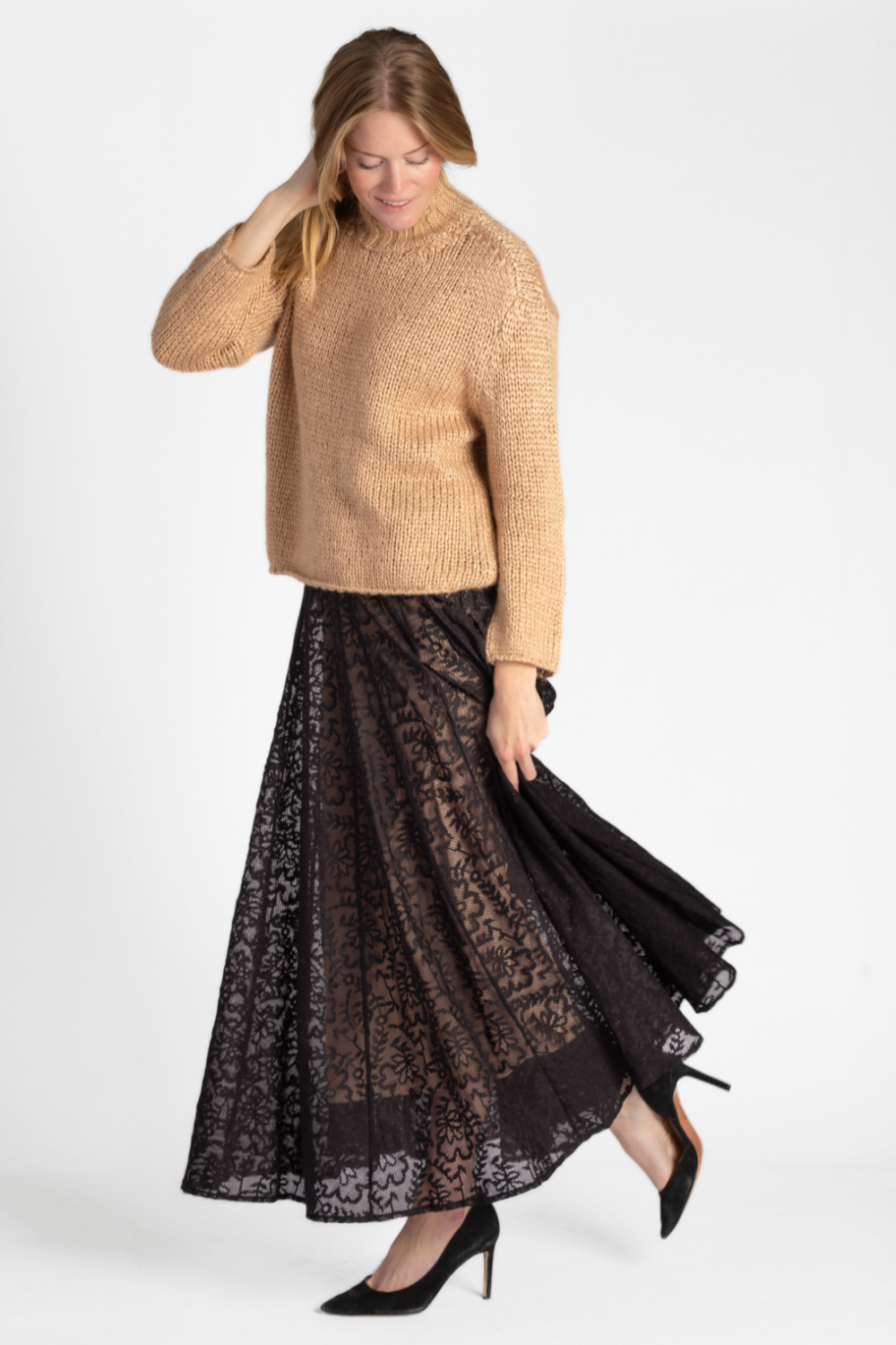 Silk Cashmere Sweater + Jacquard Lace Skirt