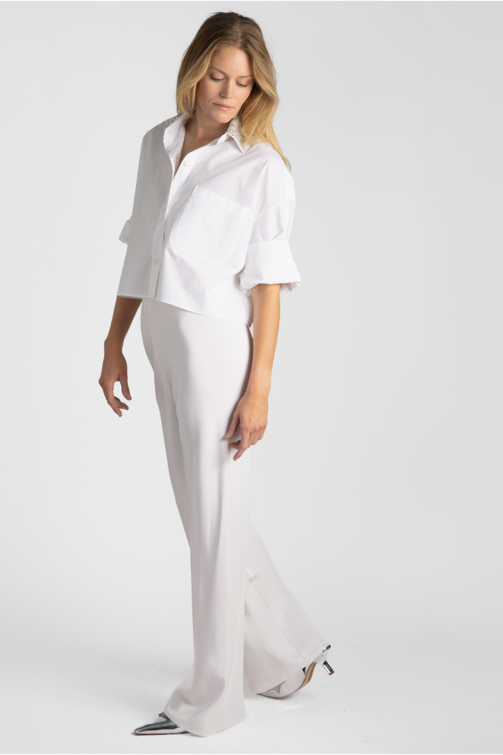 White Crystal Collar Top + White Silk Pant