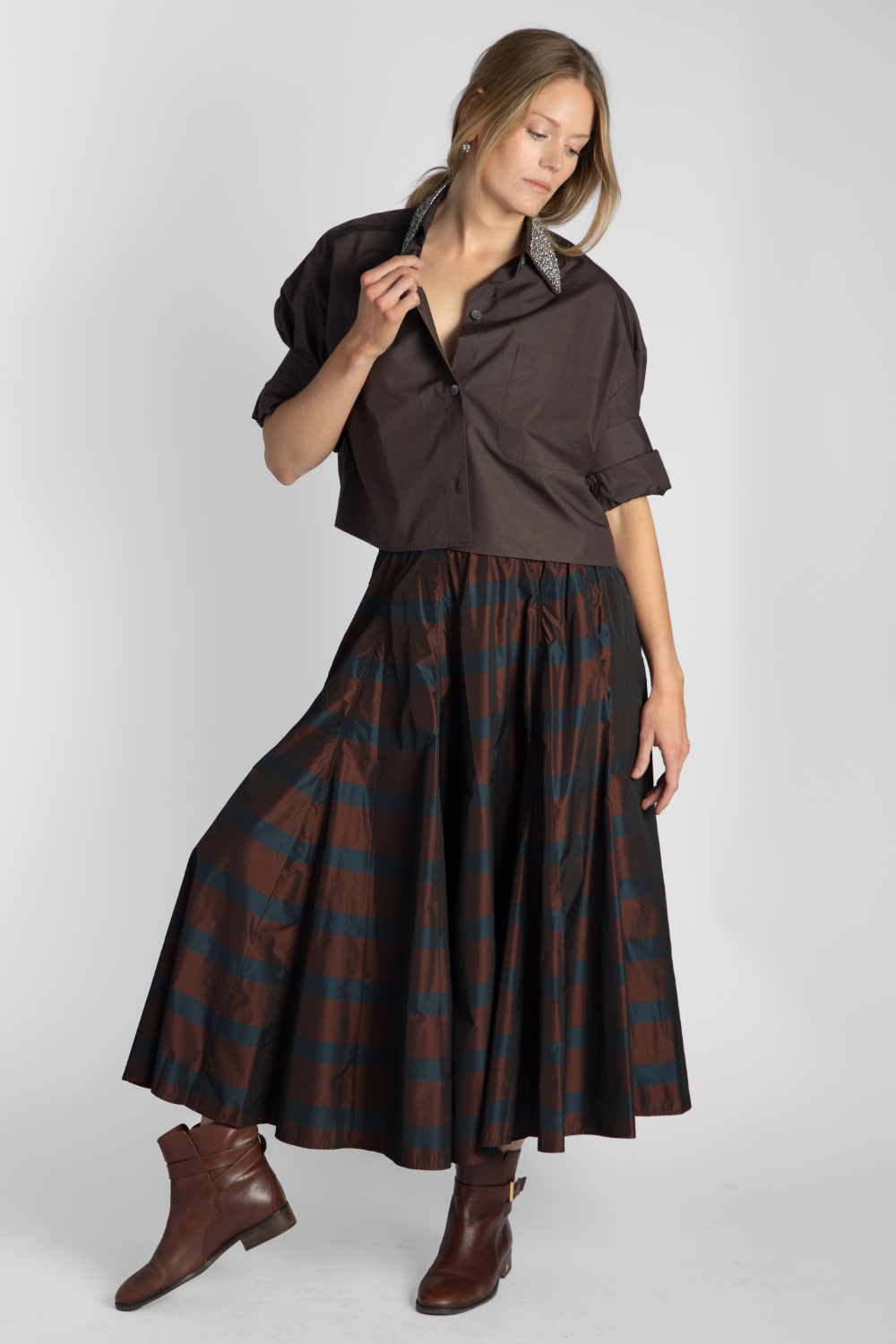 Brown Crystal Collar Top + Taffeta Stripe Skirt