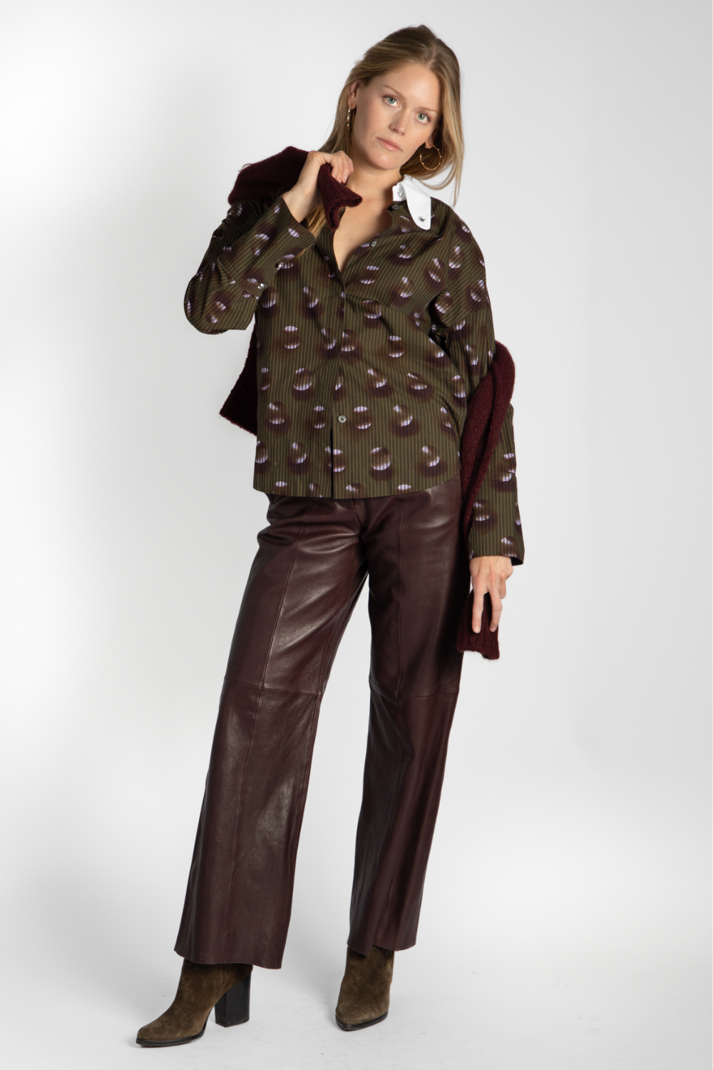 Overprint Blouse + Burgundy Leather Trouser