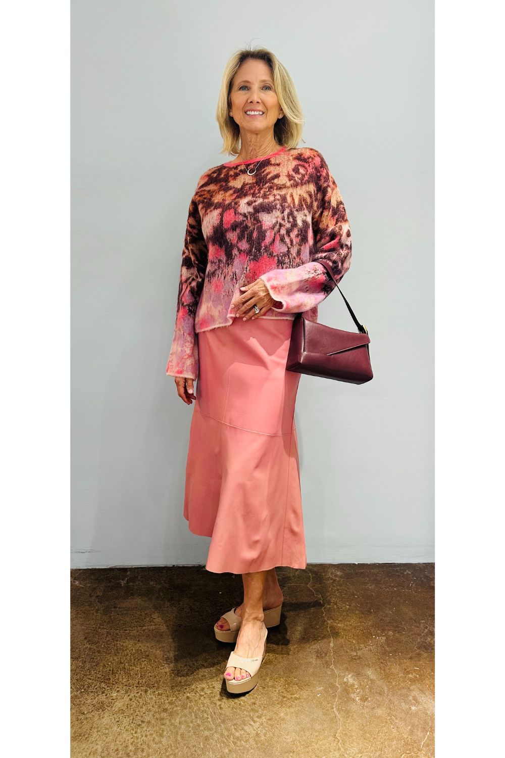 Bloom Mist Sweater + Pink Nappa Leather Skirt + Oscar Bag