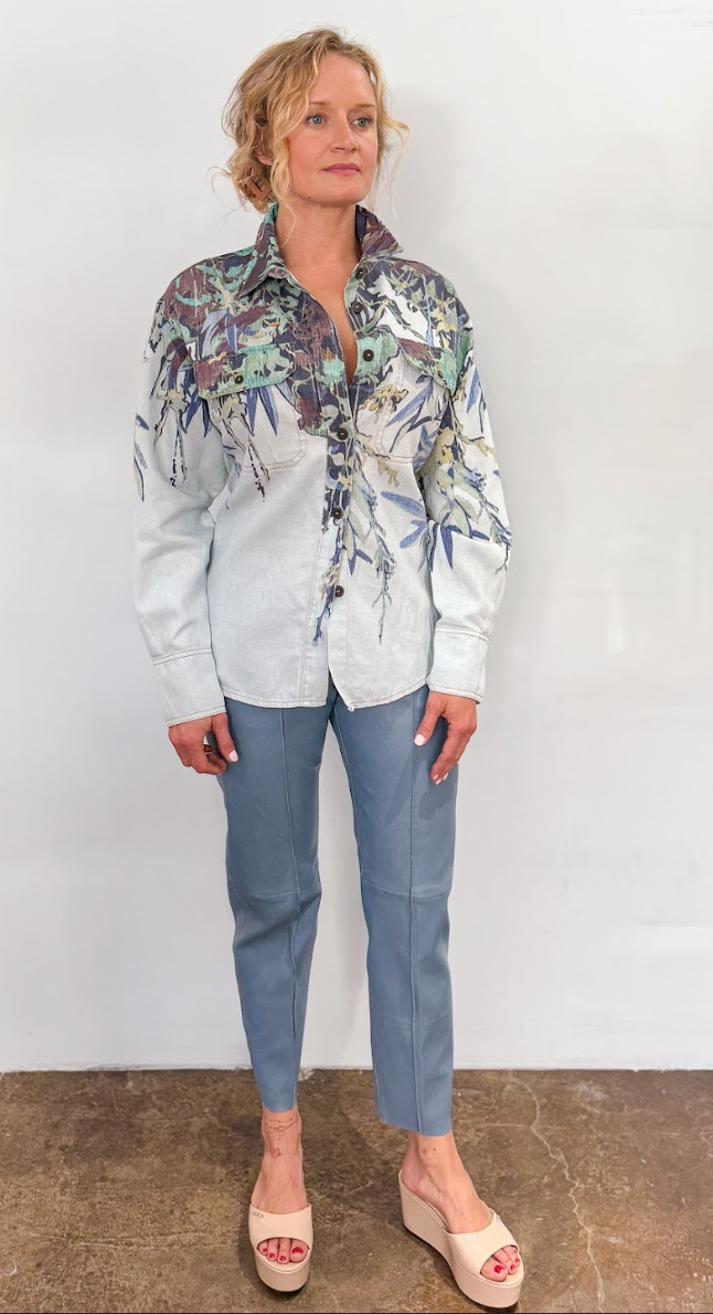 Floral Denim Shirt & Leather Pant