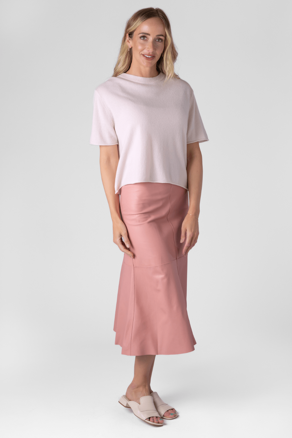 Cashmere Top + Pink Nappa Leather Skirt
