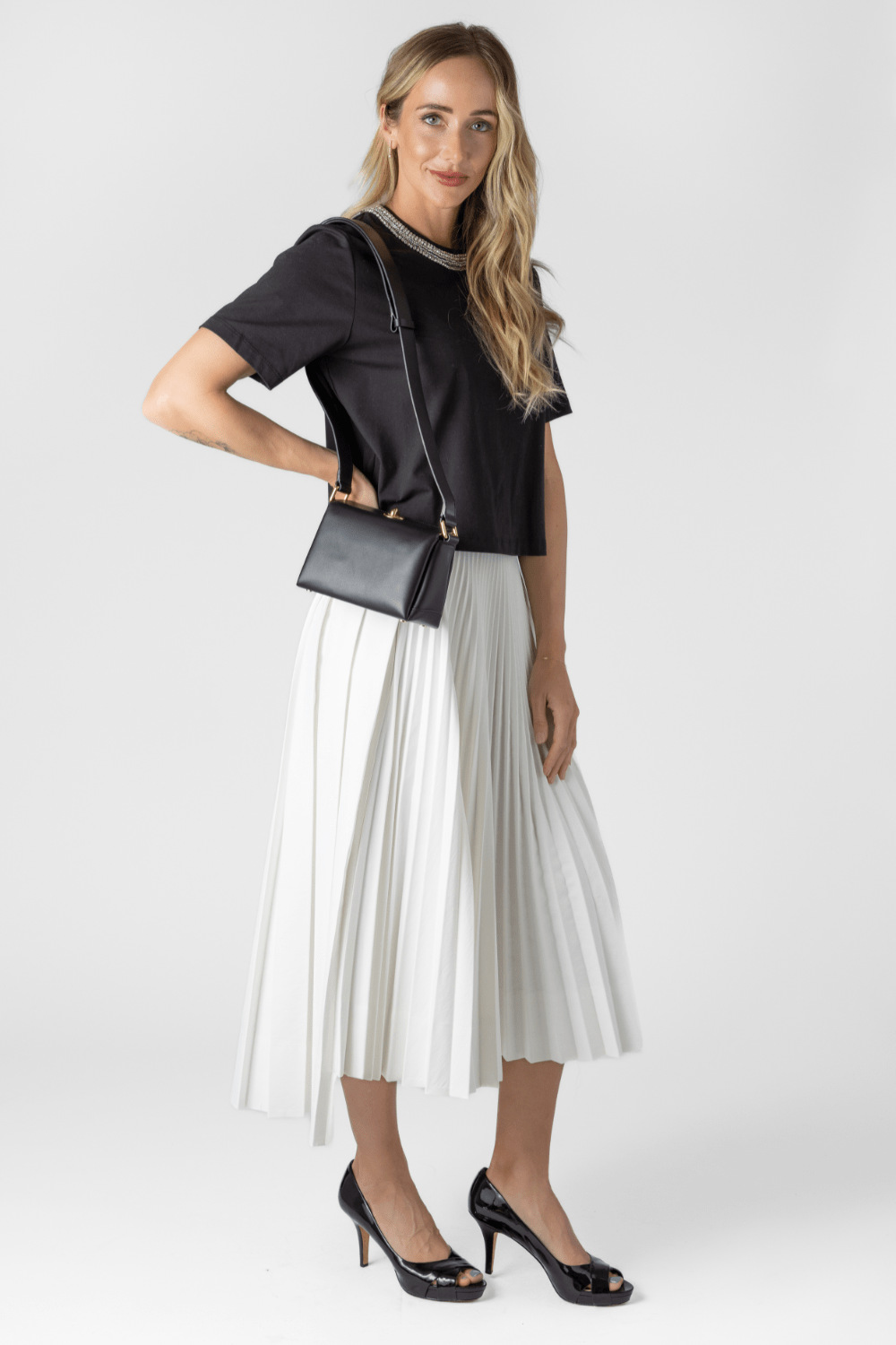 Embellished Tee + Pleated Skirt