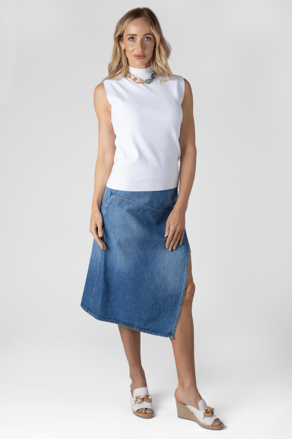 Mock Neck Top + Panel Denim Skirt