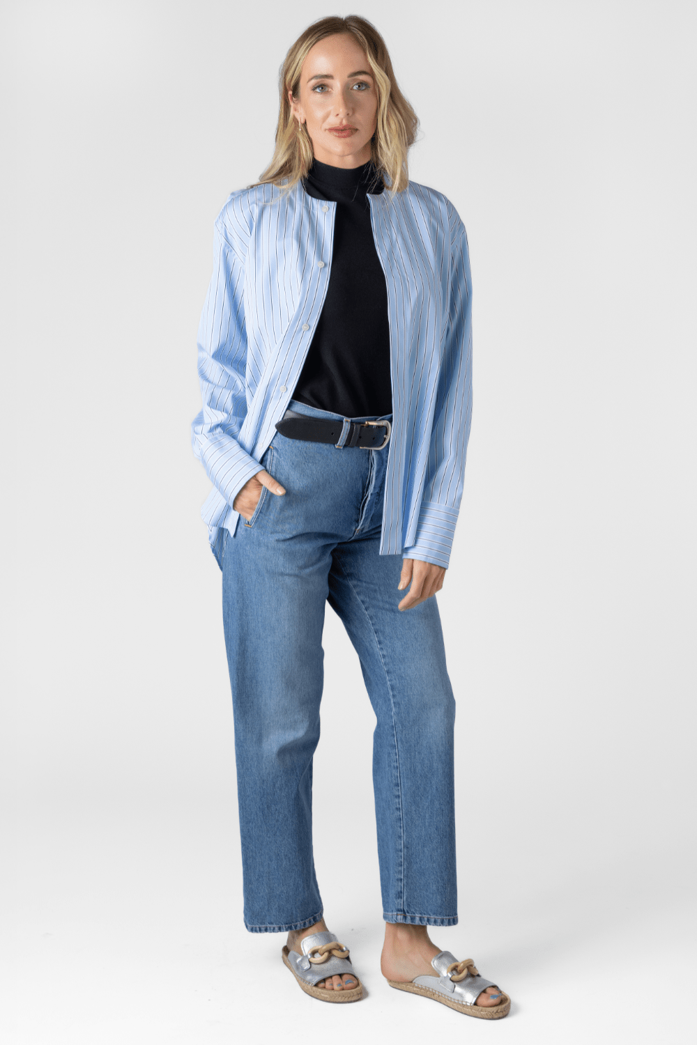 Striped Poplin Shirt + Denim Trousers