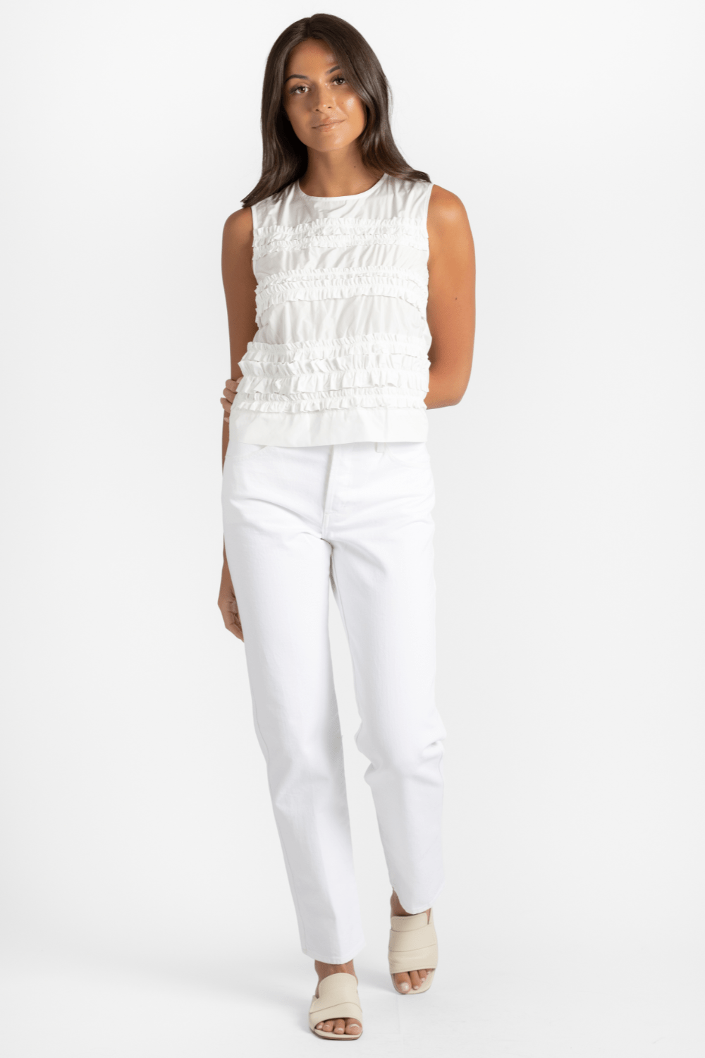 Taffeta Ruffle Shirt + Sophia White Jean