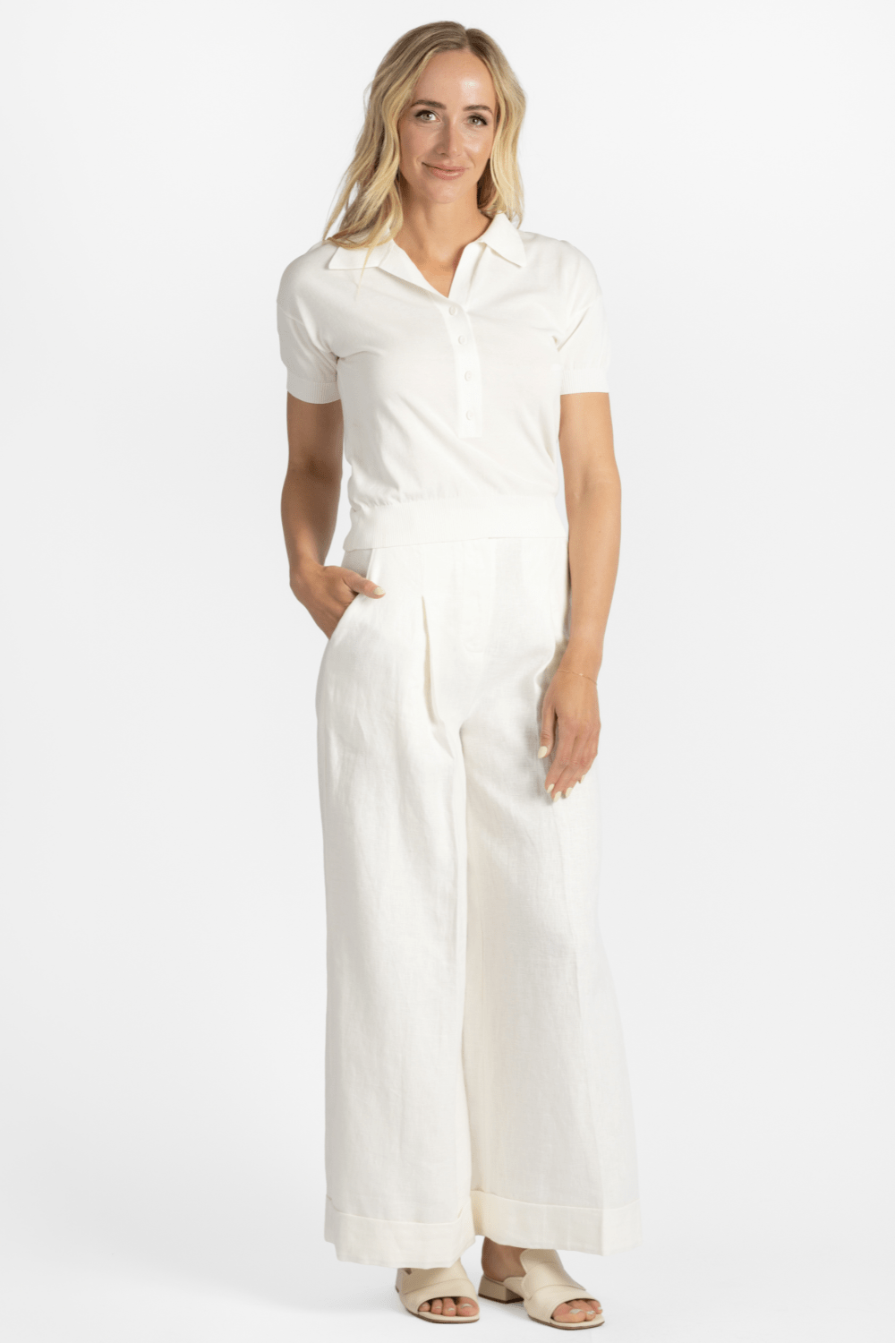 White Sable Polo Top + Clove Linen Pant
