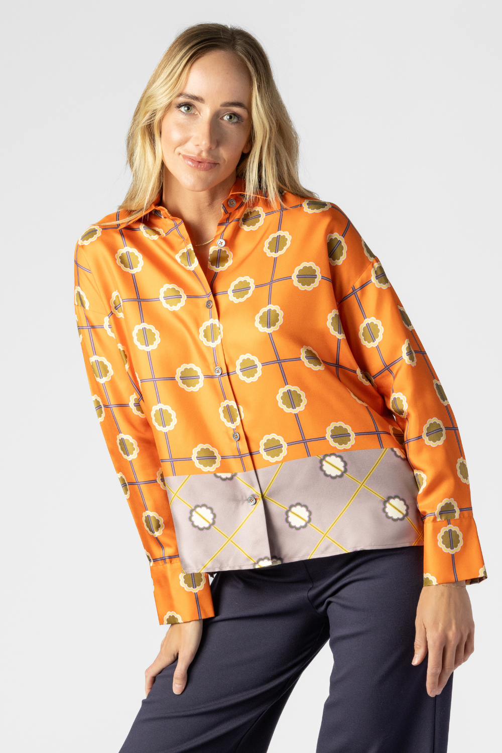 Orange Print Silk Blouse - The Posh Peacock