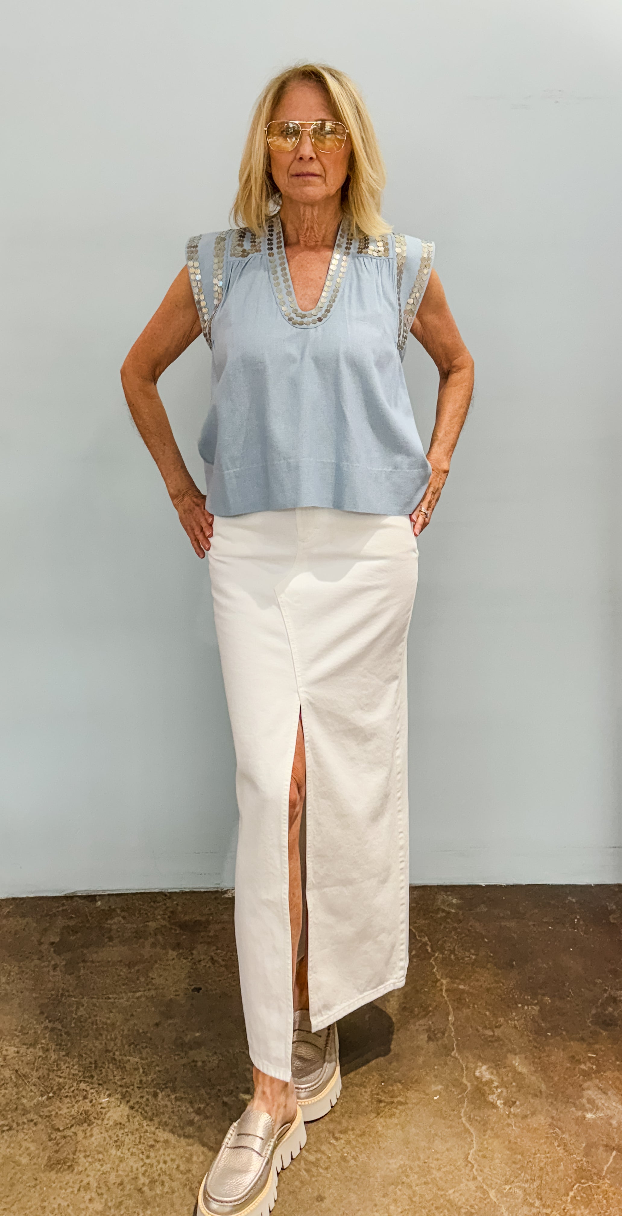 Nehru Top & White Denim Maxi Skirt