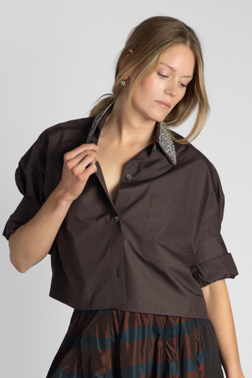 Brown Crystal Collar Top + Taffeta Stripe Skirt image