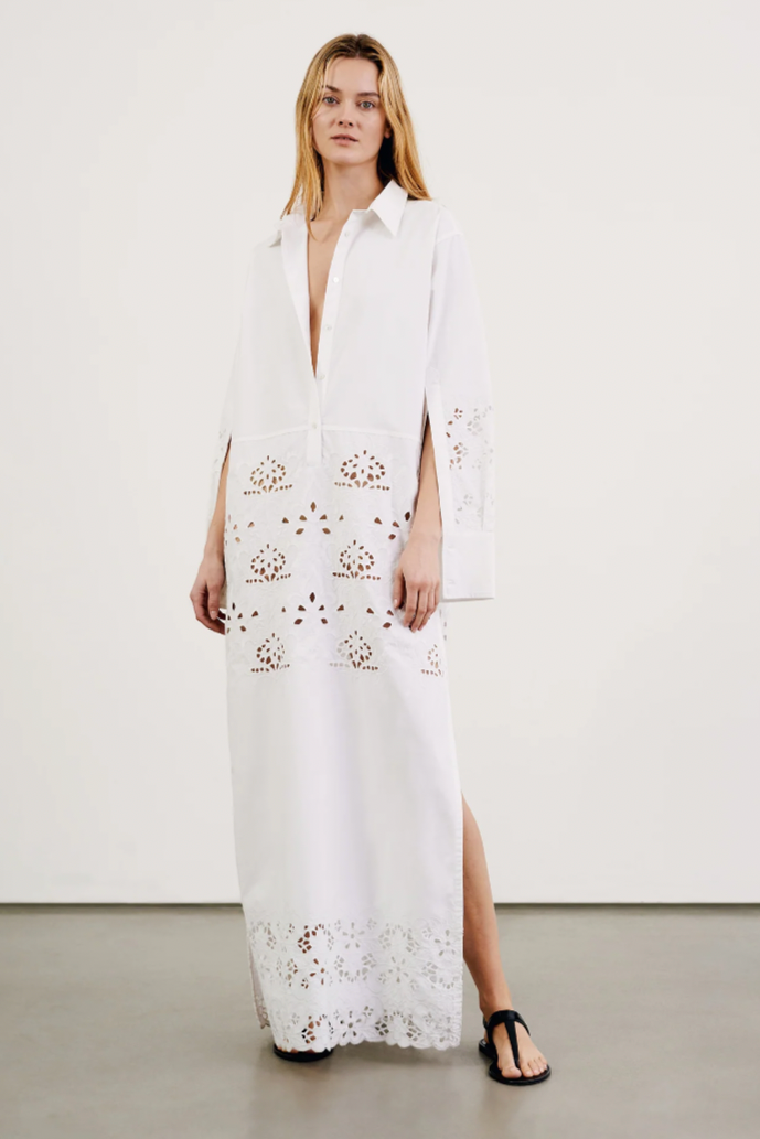 Nili Lotan Louanne Embroidered Long Poplin Dress - The Posh Peacock