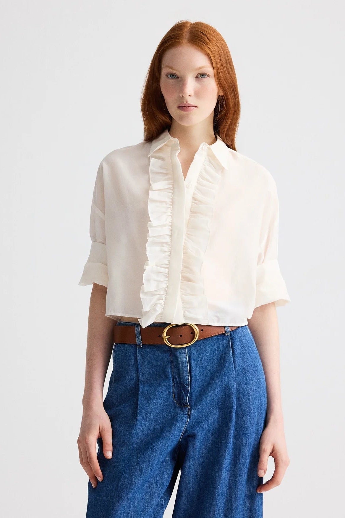 Next Ex White Cotton Silk Ruffle Shirt - TWP