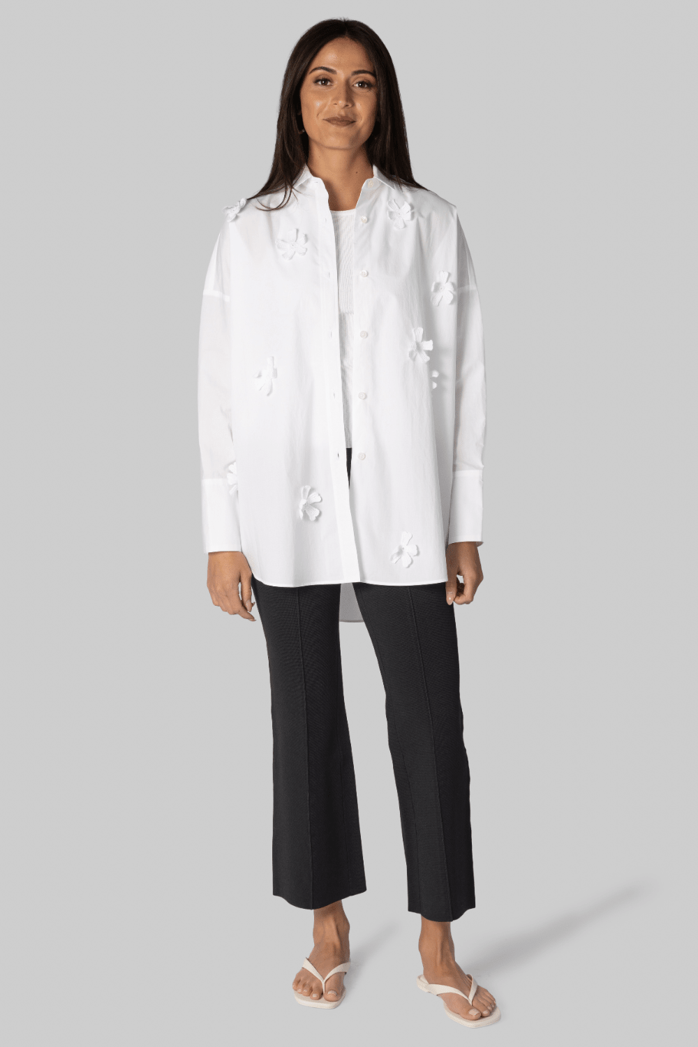 Oversized Poplin Shirt with Floral Appliques - Odeeh