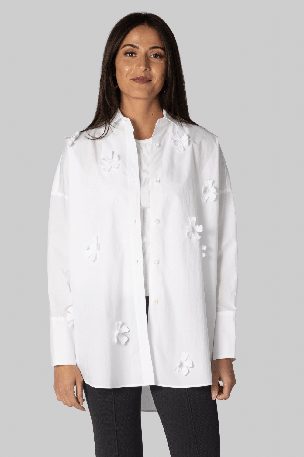 Oversized Poplin Shirt with Floral Appliques - Odeeh