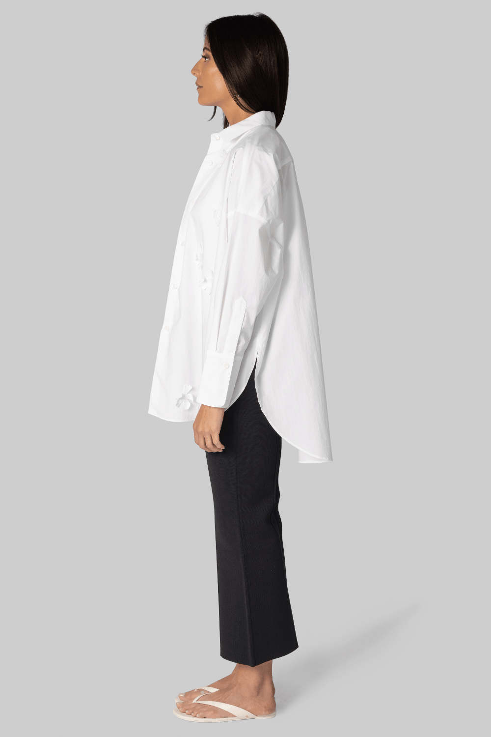 Oversized Poplin Shirt with Floral Appliques - Odeeh