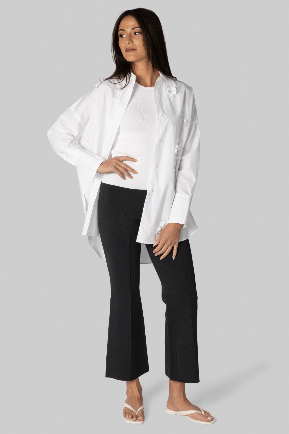 Oversized Poplin Shirt with Floral Appliques - Odeeh