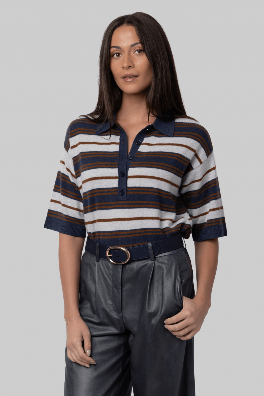 Short Sleeve Polo Sweater with Stripes - TWP