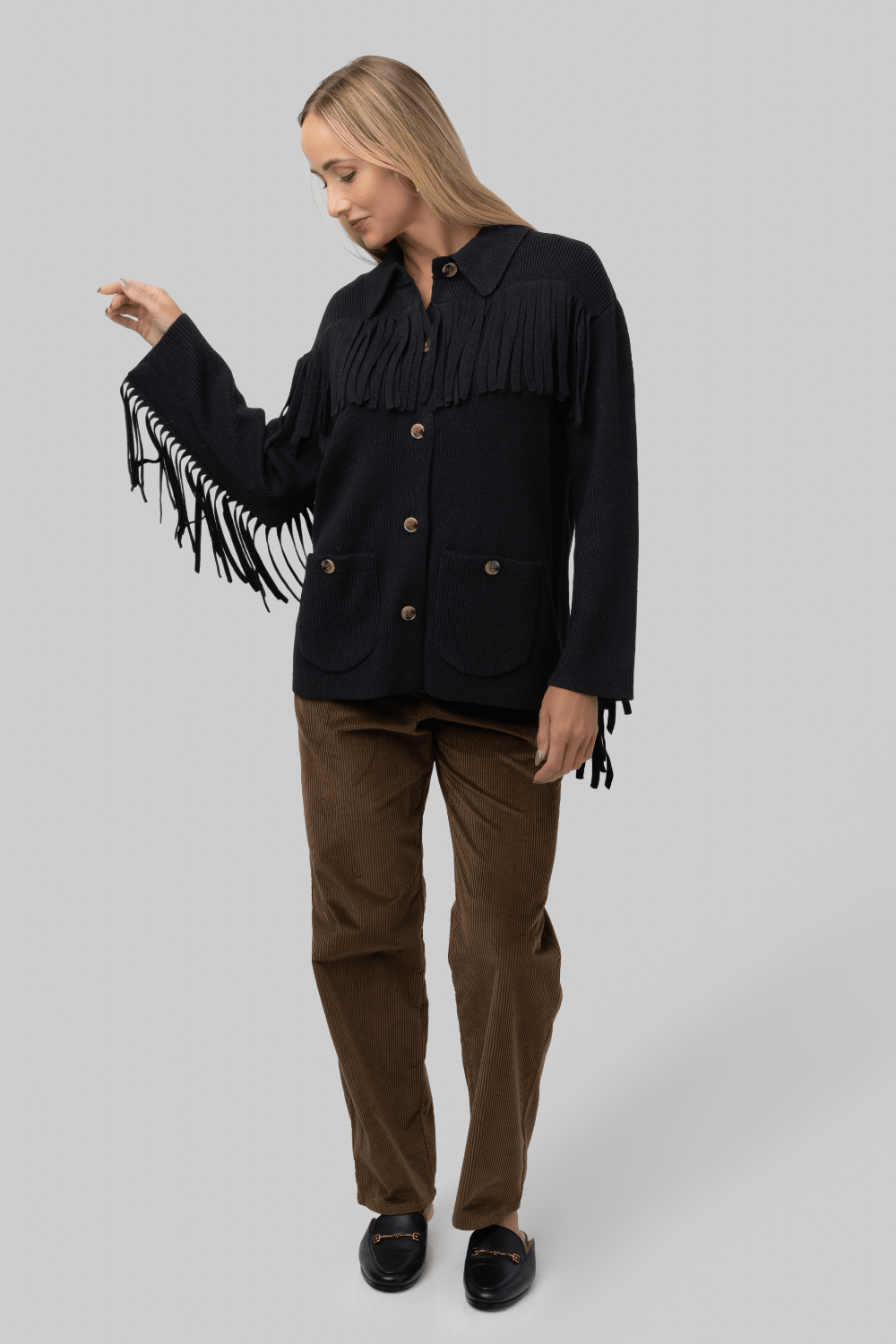 The Western Fringe Sweater Jacket - Black - The Great