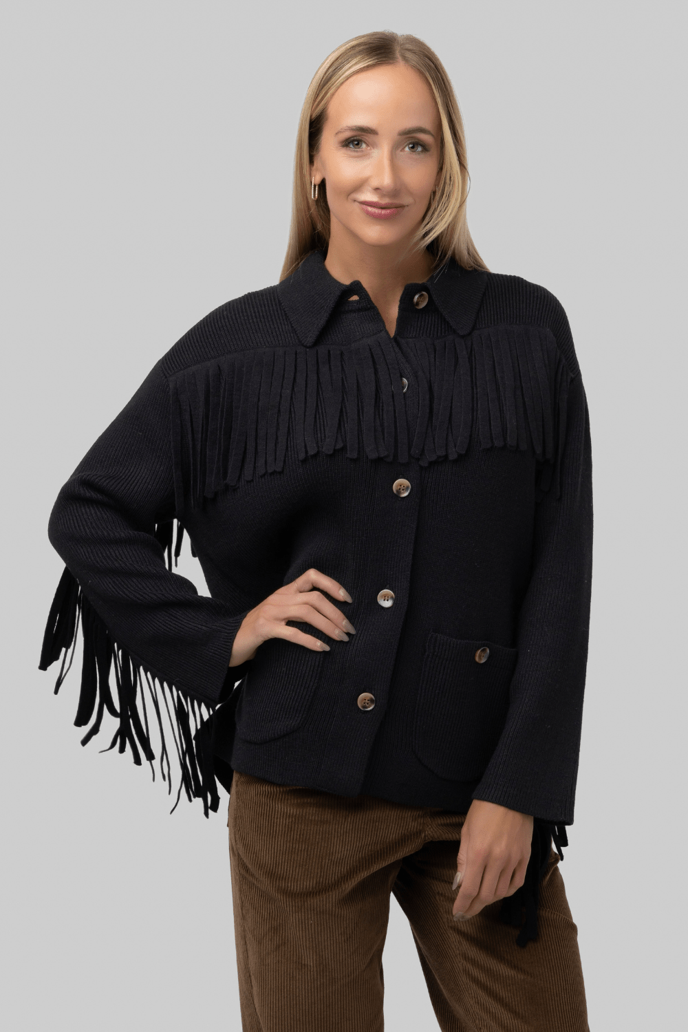 The Western Fringe Sweater Jacket - Black - The Great