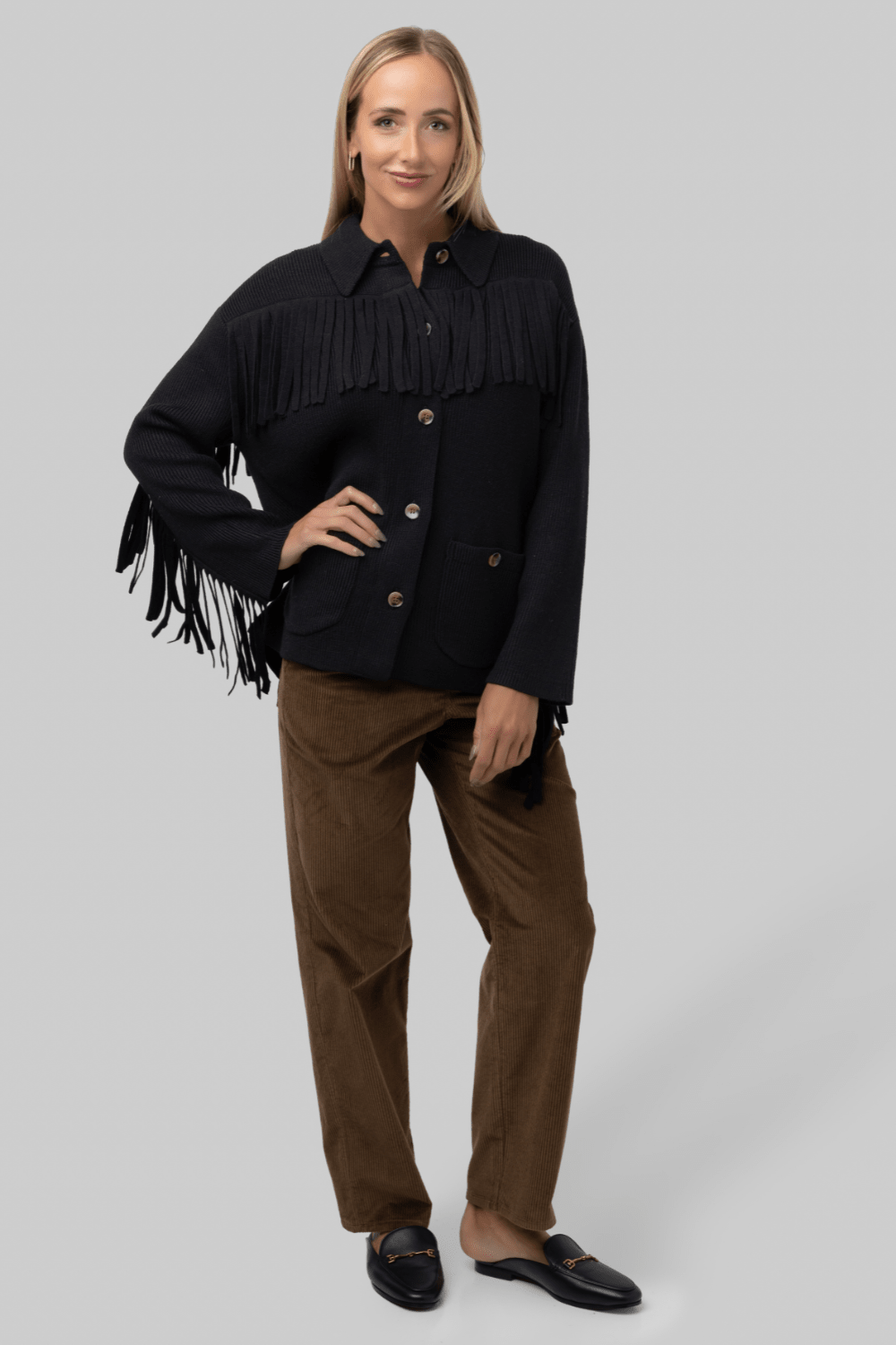 The Western Fringe Sweater Jacket - Black - The Great