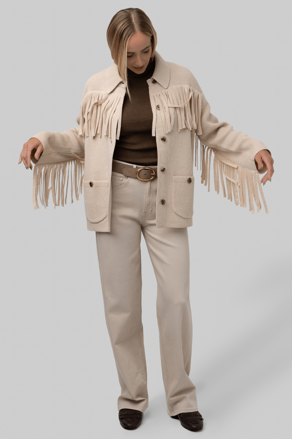 The Western Fringe Sweater Jacket - Natural - The Great